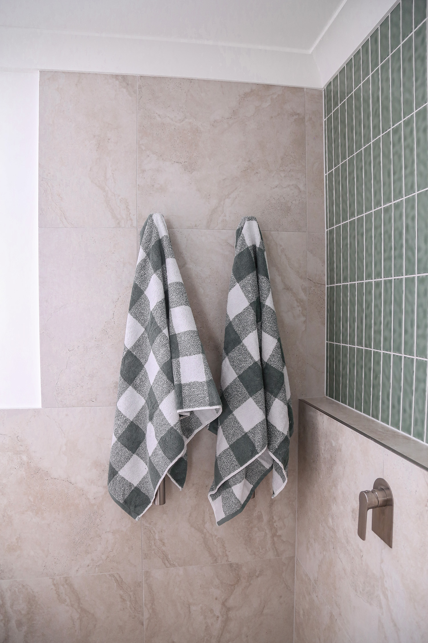 Adairs green check towels bathroom