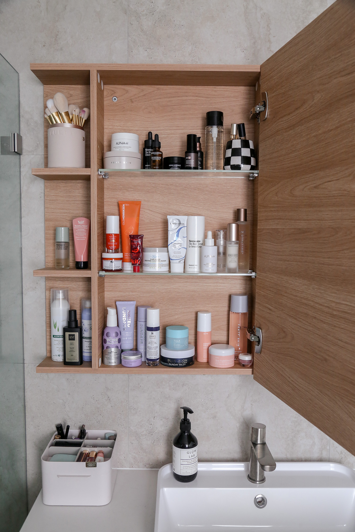 Inside my bathroom vanity aesthetic colour coordinated skincare