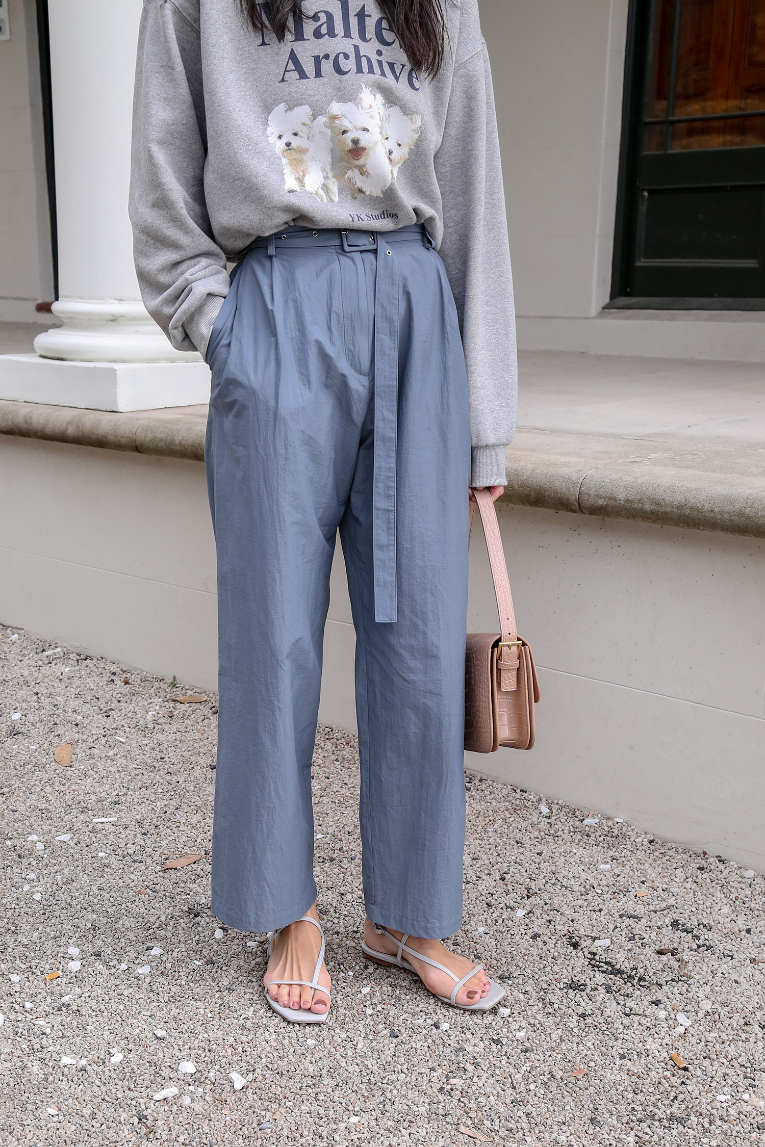 How to wear muted blue FRONTROW nylon trousers
