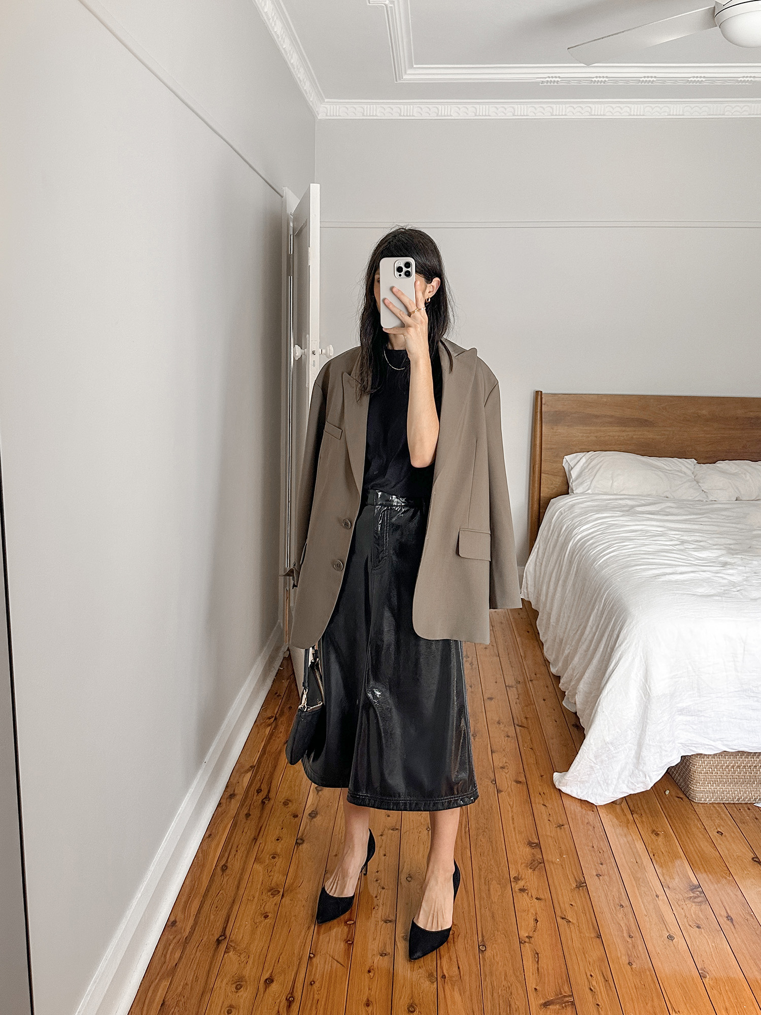 Wearing Tibi patent skirt and Tibi Liam blazer