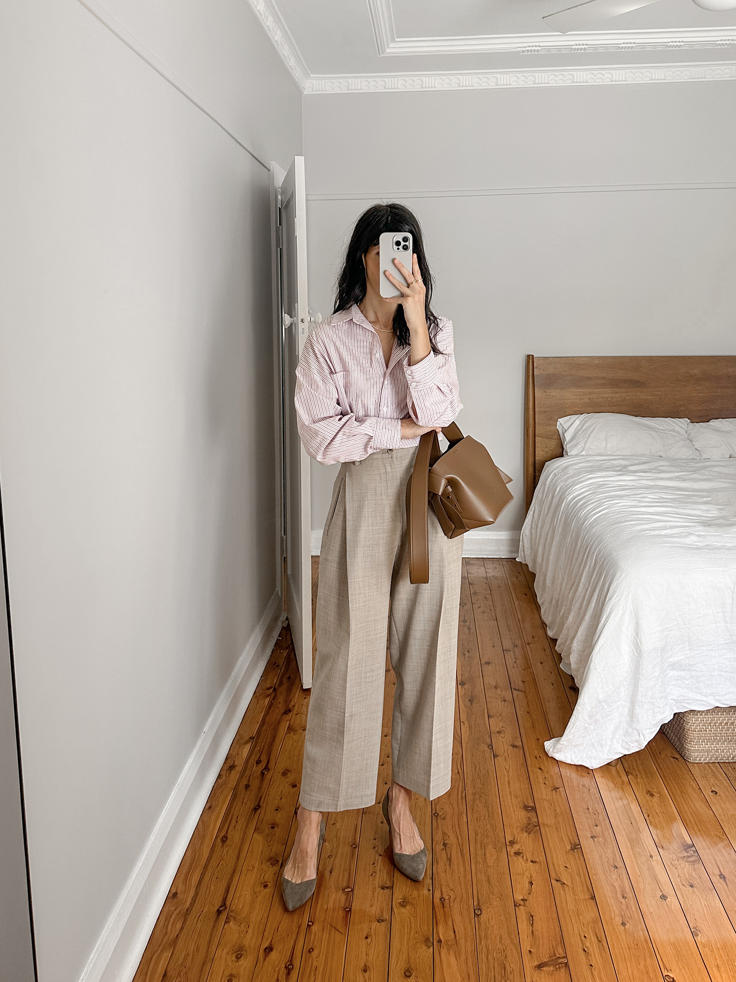 Wearing Blanca oversized striped shirt with Facade Pattern Round Pants