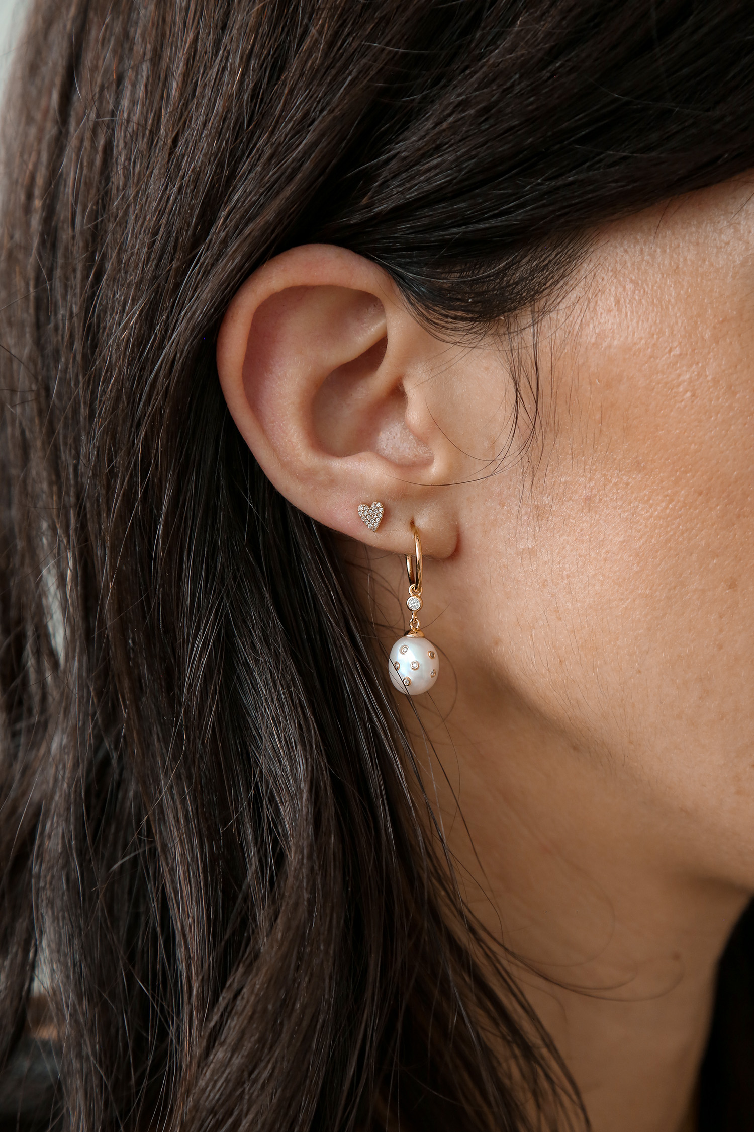 Adornmonde pearl drop earrings with Mejuri heart pave diamond studs