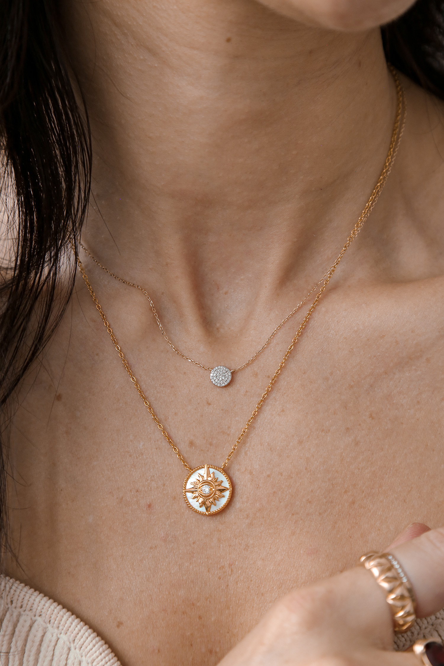 Gingiberi pendant and Mejuri diamond pave necklace
