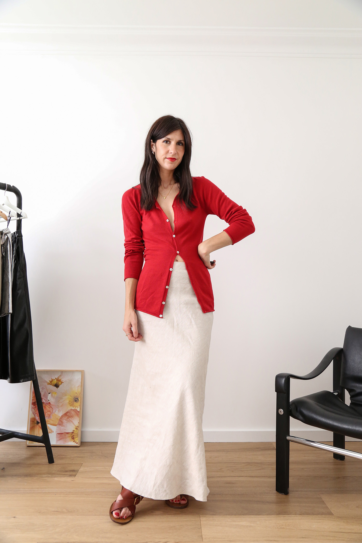 How to style a red cardigan worn with a neutral maxi