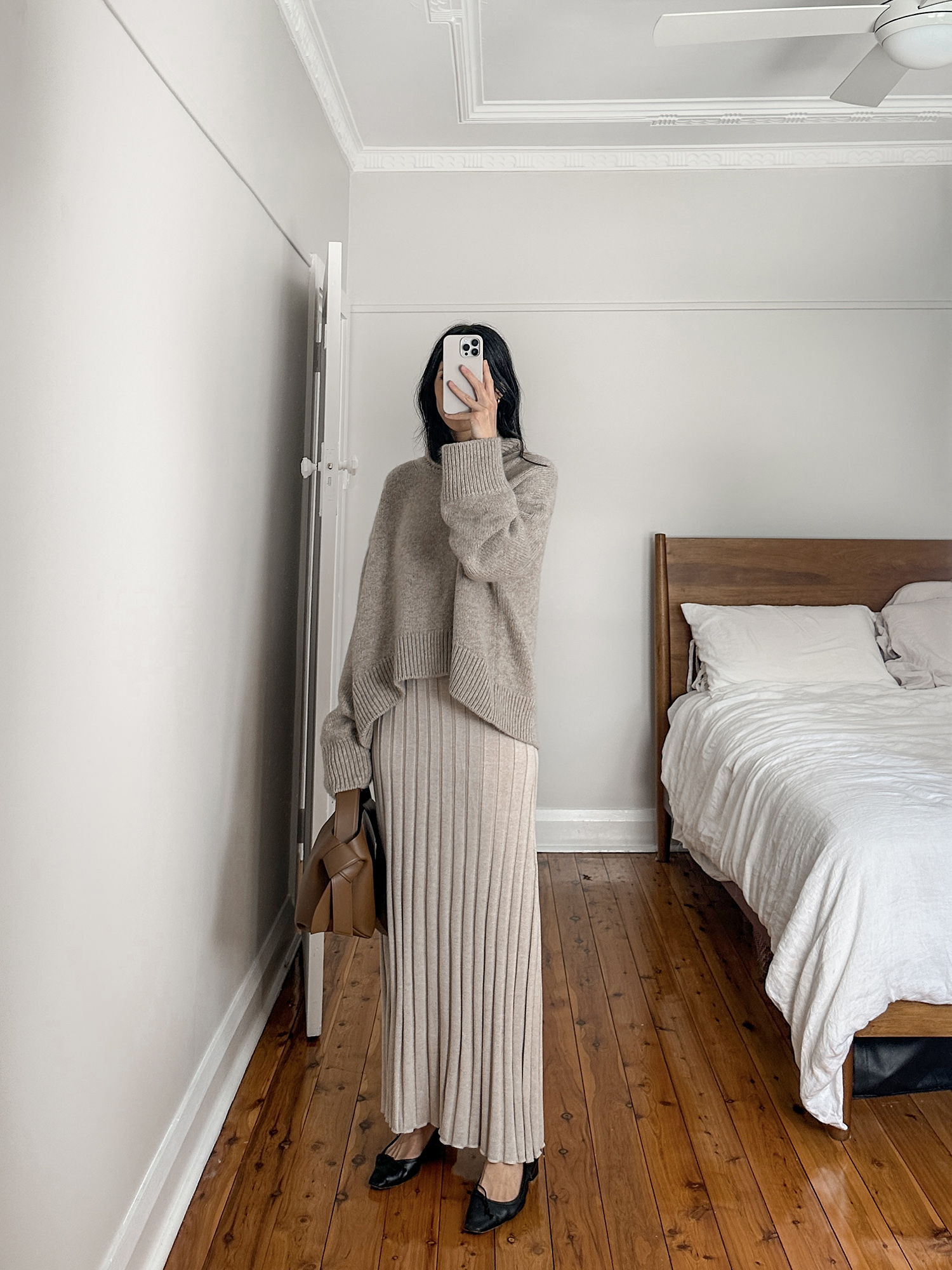 wearing Sir the Label knit dress with old Celine cashmere turtleneck sweater