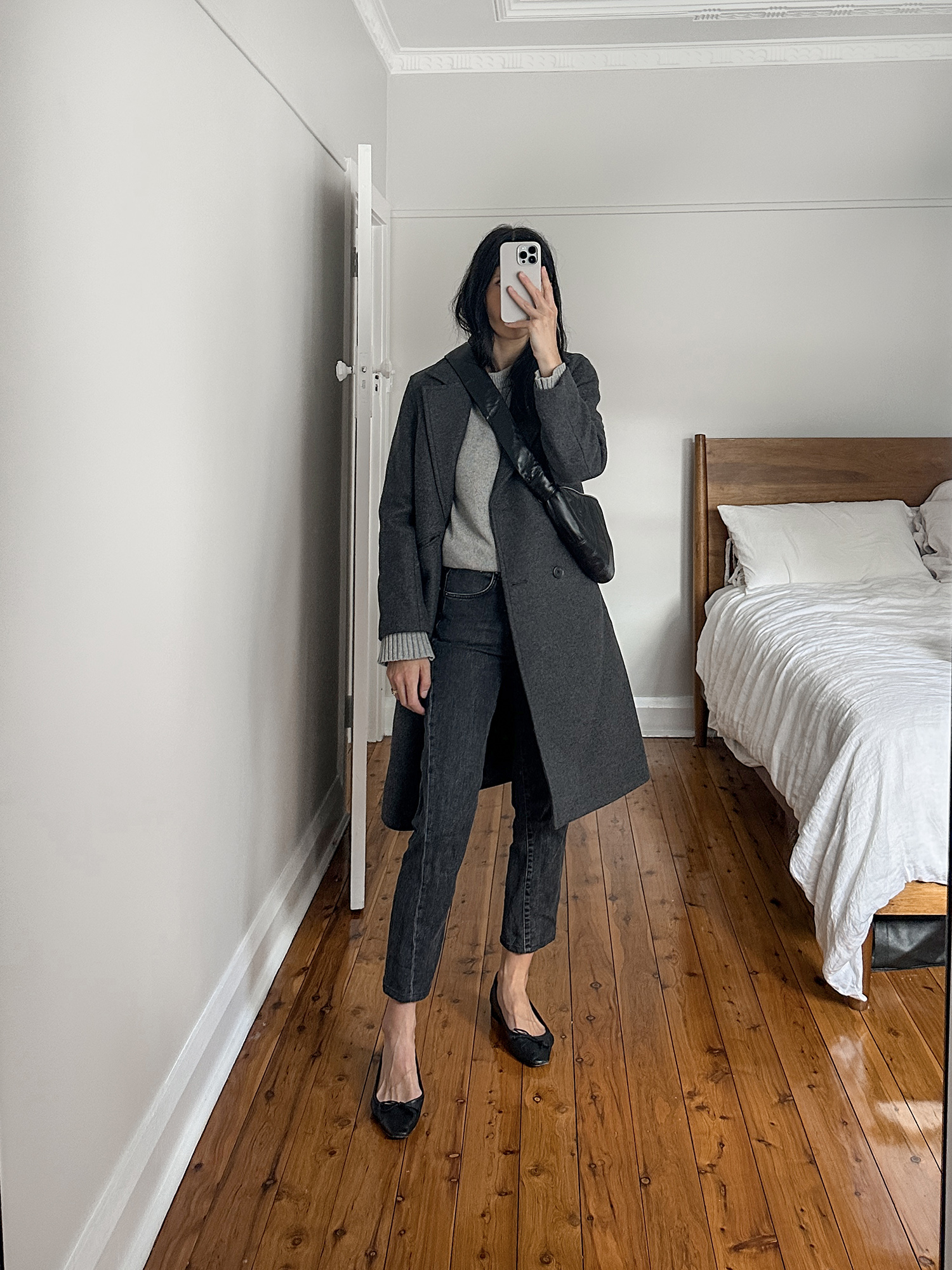 wearing Jenni Kayne sweater with Toteme jeans and Everlane rewool coat