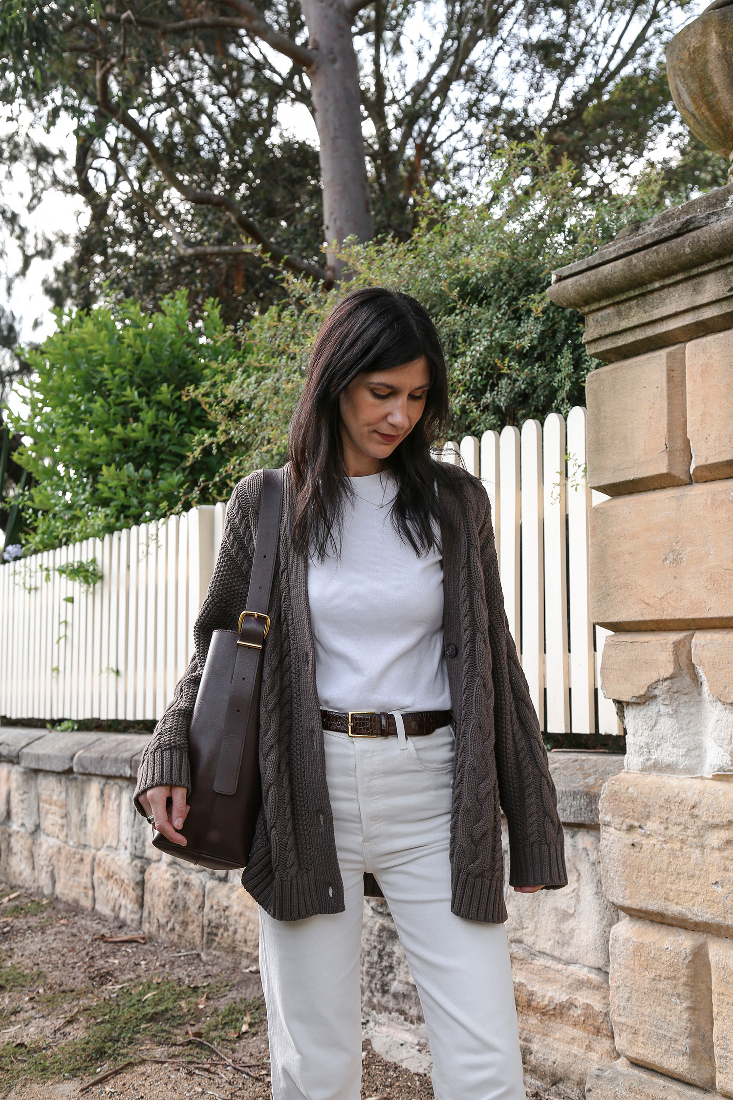 Wearing Quince Cable Knit Cardigan