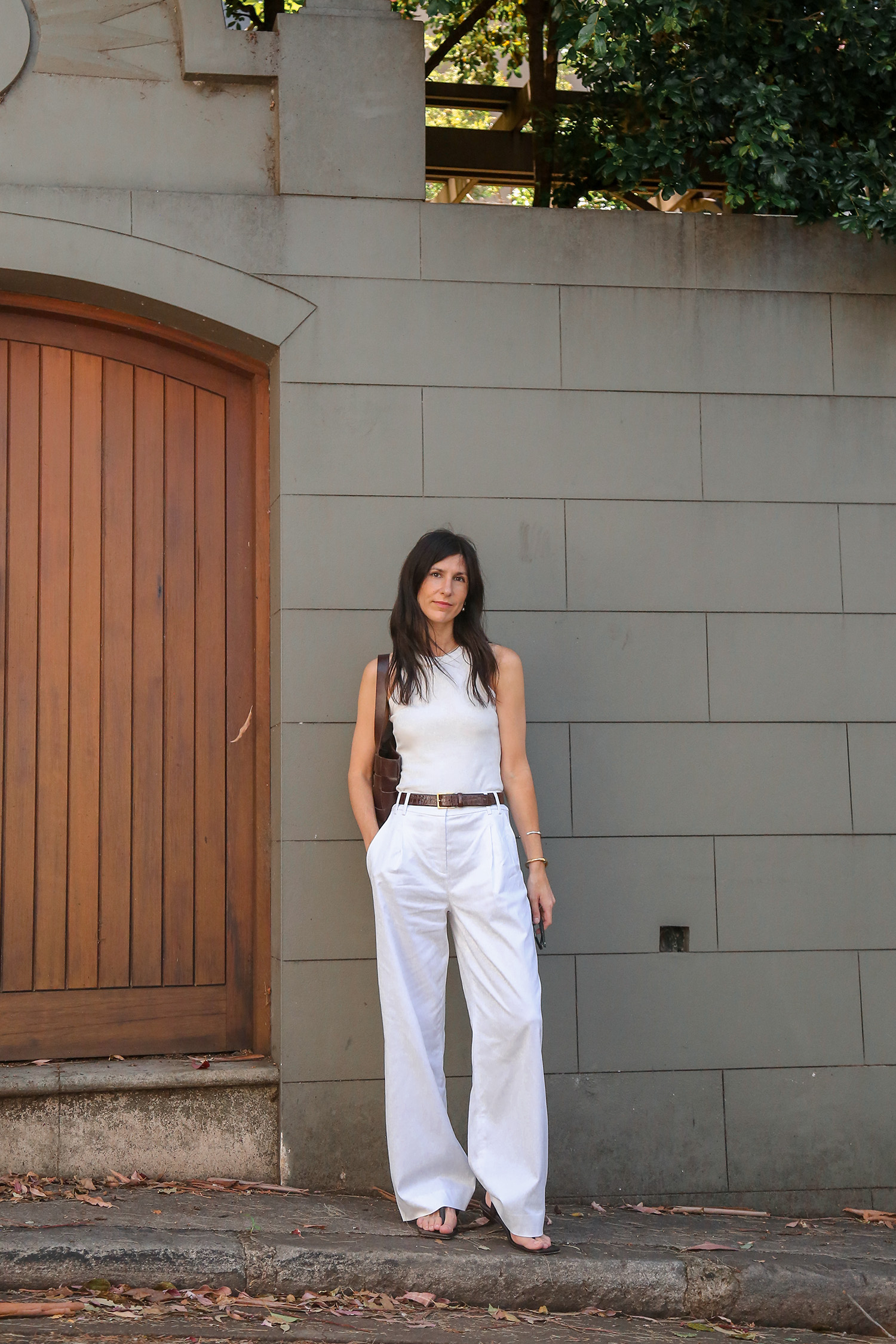 Wearing H&M rib tank with Sportscraft briony pants and Tibi sandals