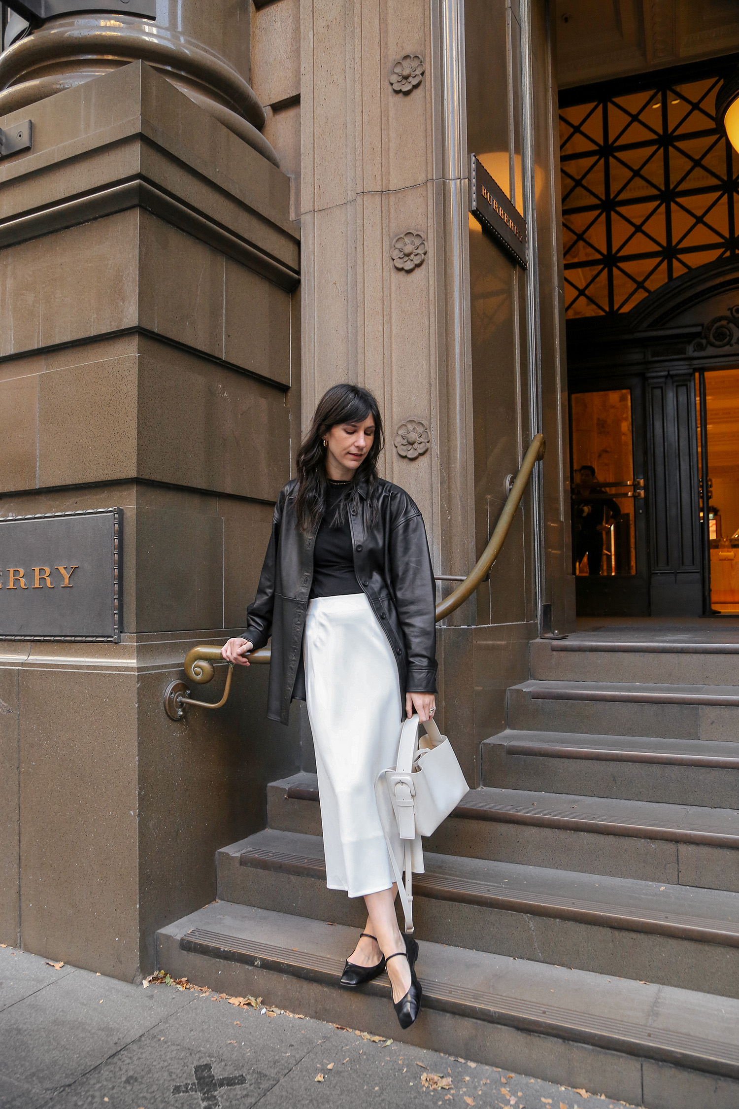 OOTD: Wearing Quince leather shirt w/ white midi skirt - Mademoiselle
