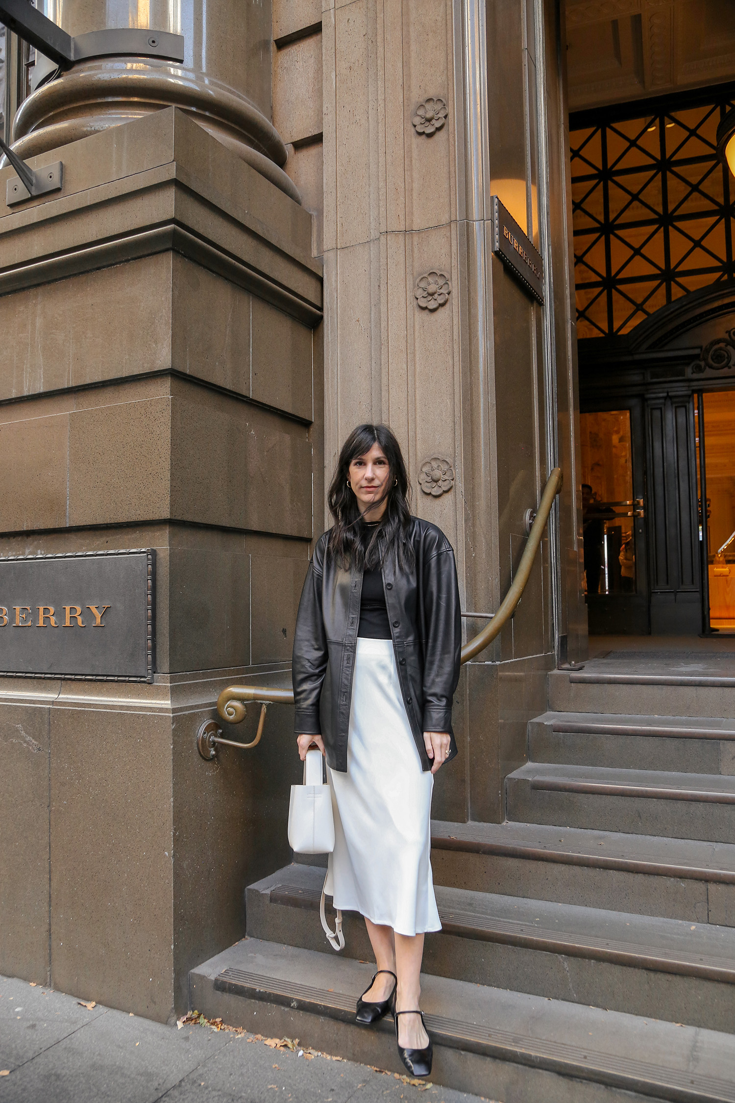 OOTD: Wearing Quince leather shirt w/ white midi skirt - Mademoiselle