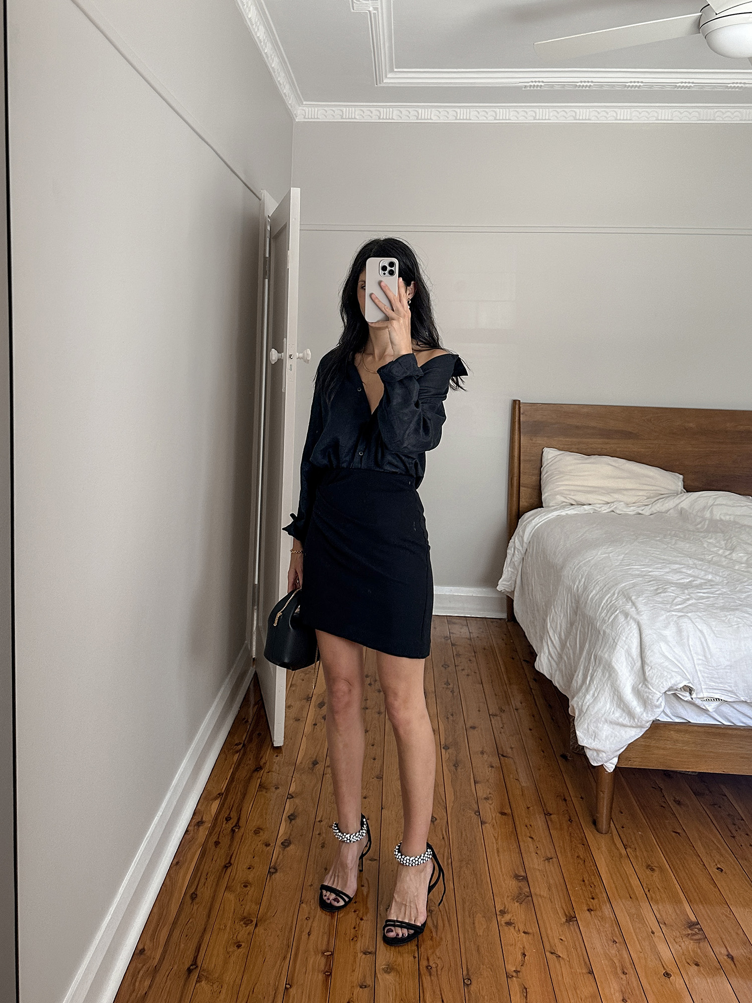 Uniqlo black linen shirt and IRO mini skirt