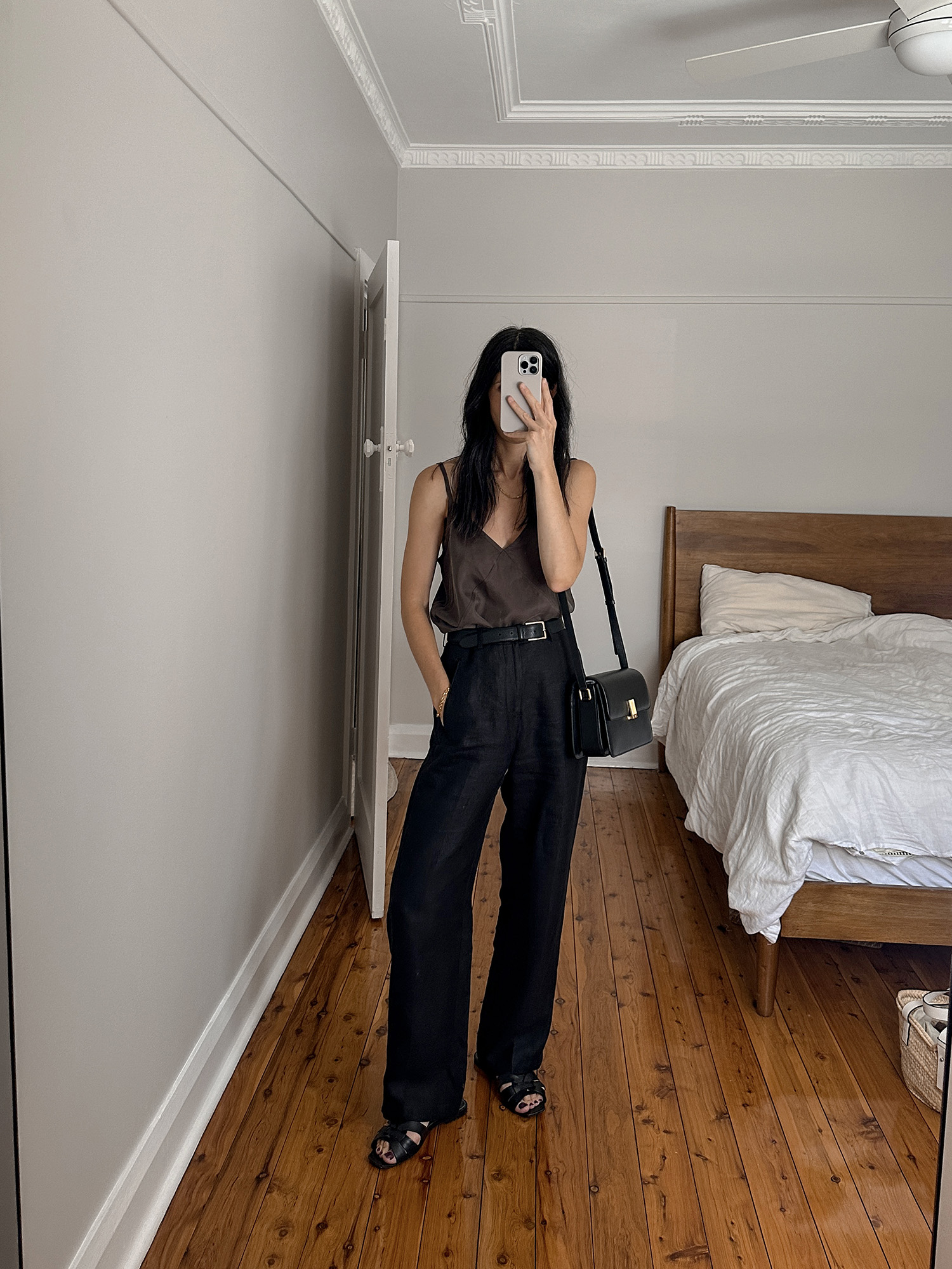 Jenni Kayne silk cami Facade Pattern linen trousers and Demaker bag