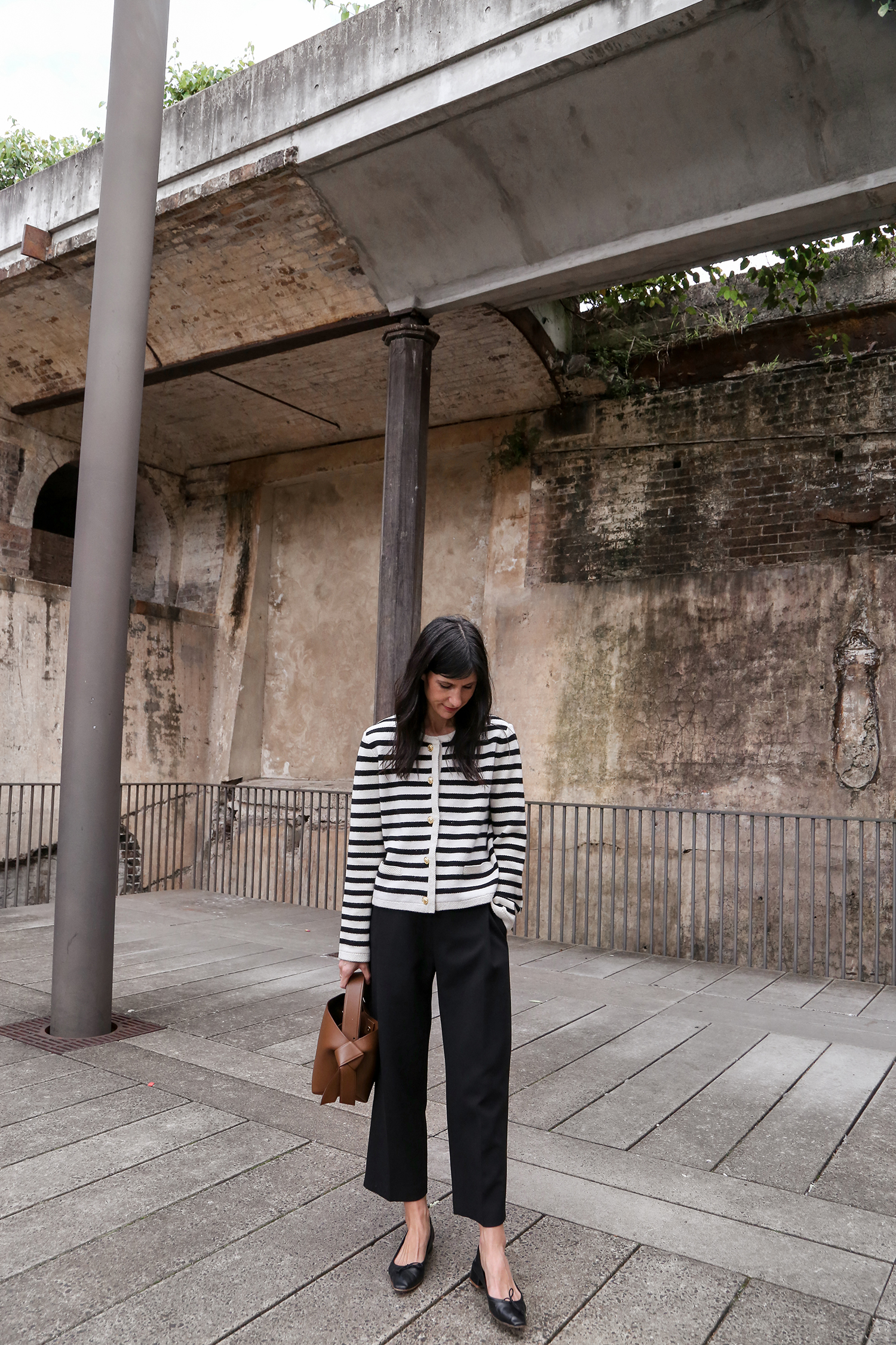 Wearing Goelia Striped wool cardigan with Facade Pattern round wool trousers