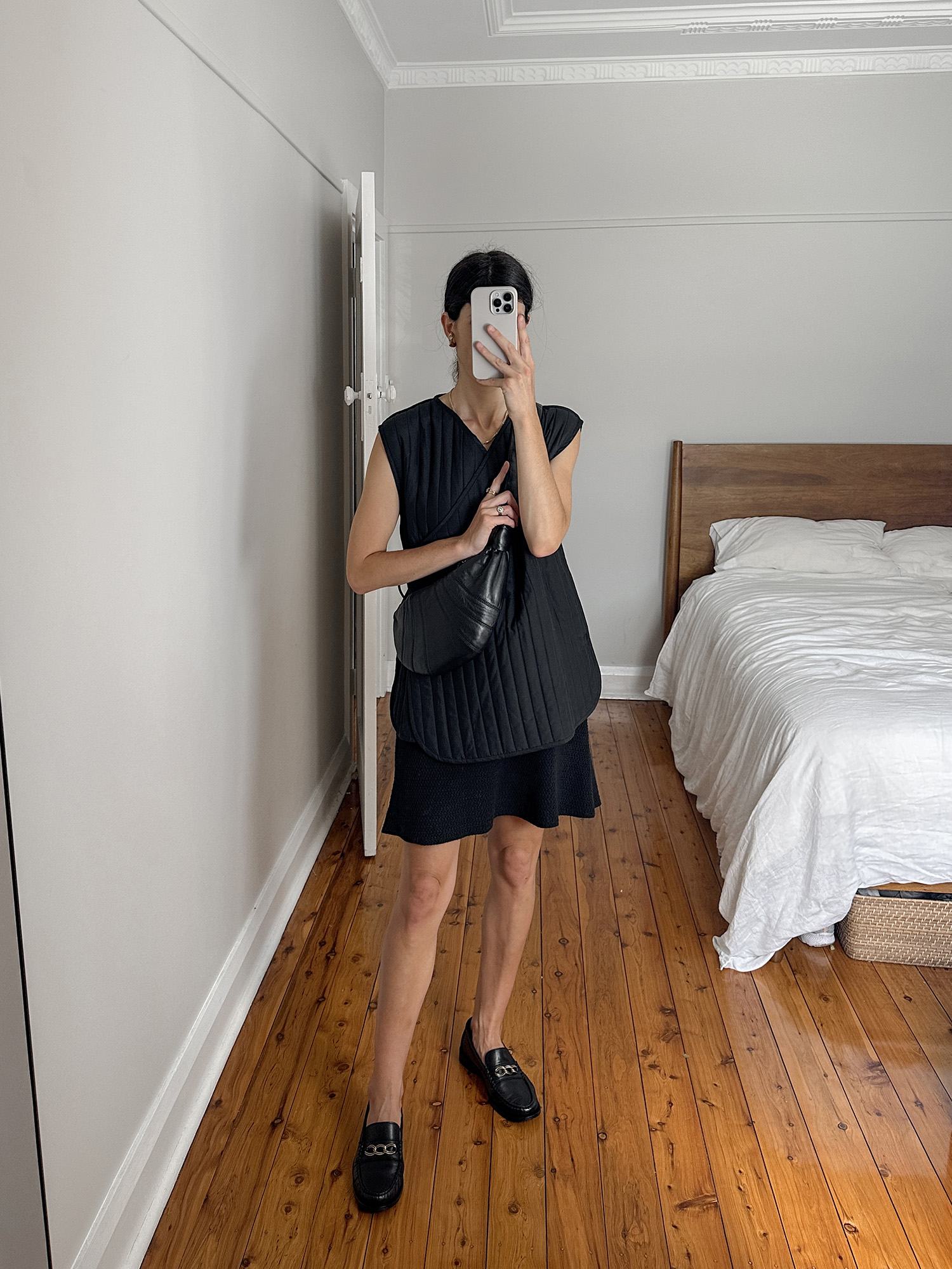 wearing Marle ribbed vest with ONTE Helena mini skirt and Sezane Vicky loafers